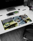32x16 inches anime girl mouse pad showing a cute beast-ear girl duo by water light specks in a quiet room.