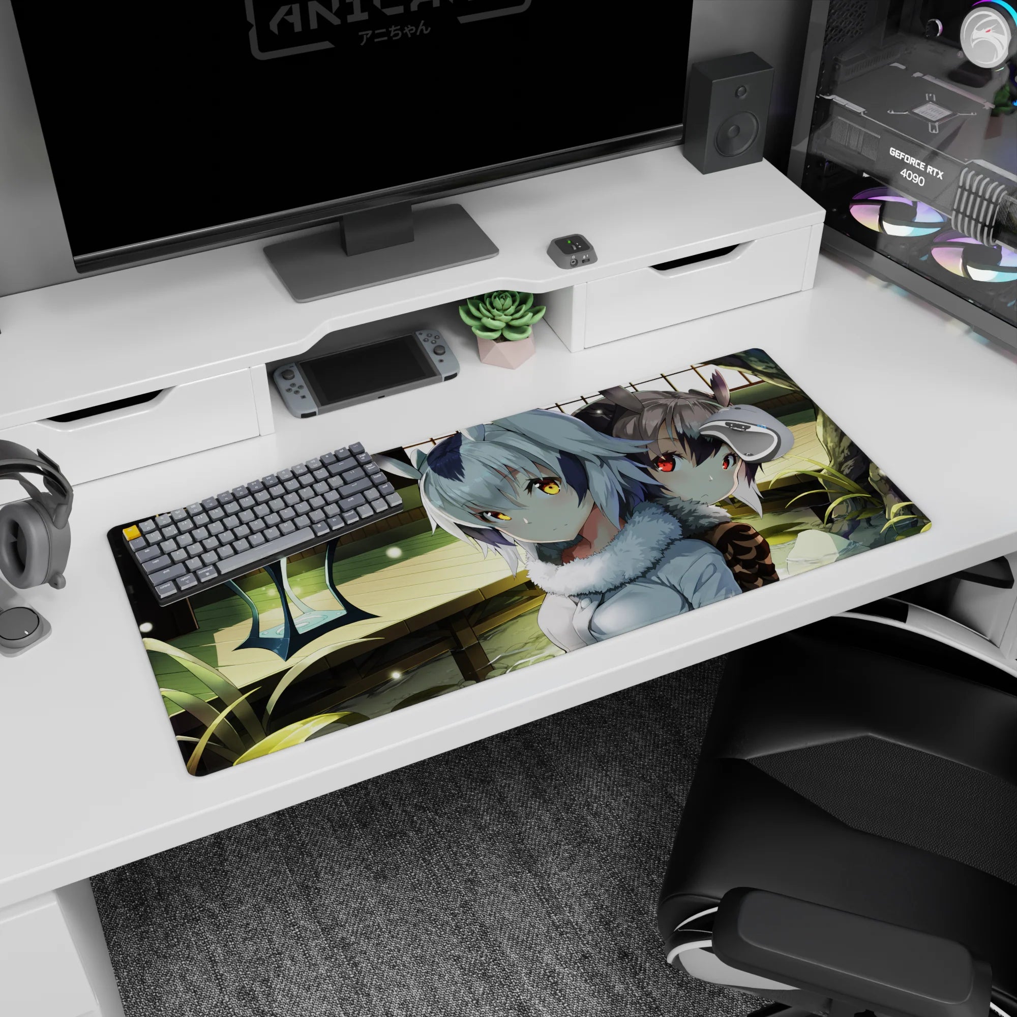 36x16 inches anime desk pad showing two cute beast-ear girls by sunlit water in a quiet wooden room.