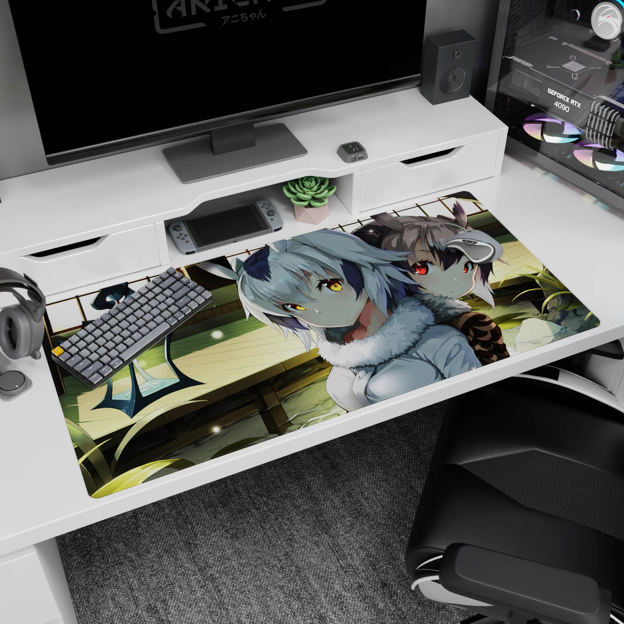 Two beast-ear anime girls by sunlit water in a wooden room desk pad 40x20 inches, soft sparkle details.