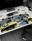 Two beast-ear anime girls by sunlit water in a wooden room desk pad 40x20 inches, soft sparkle details.