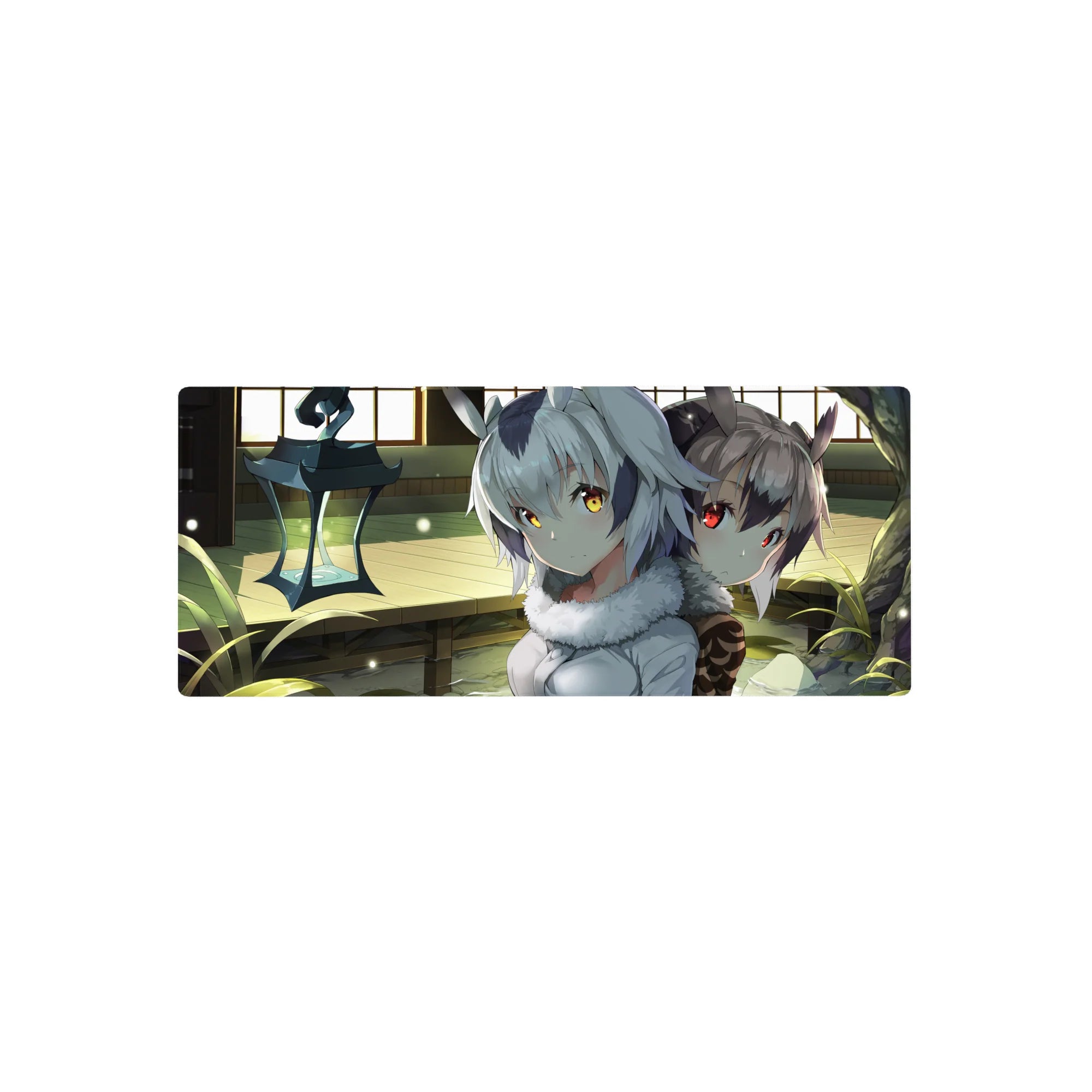 28x12 inches anime girl mouse pad with two beast-ear girls, fluffy collars, and a sunlit wooden room.