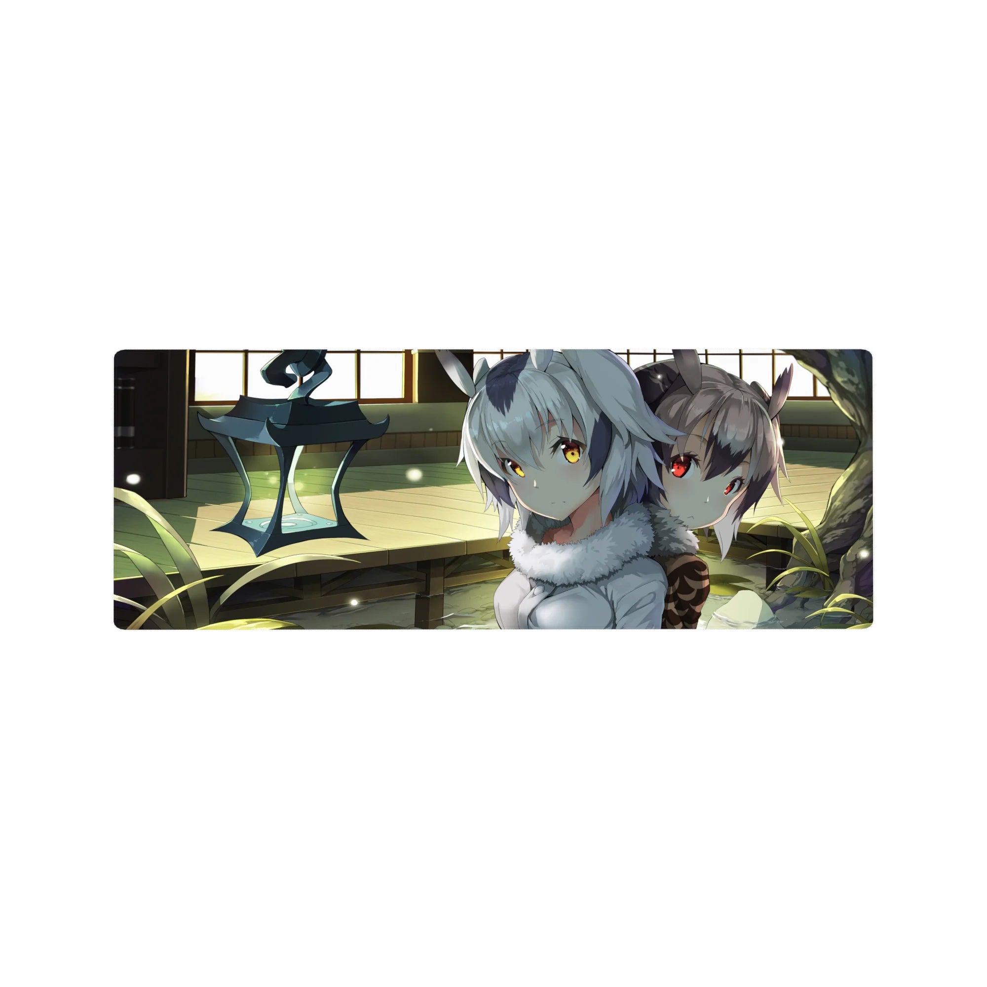 32x12 inches anime girl mouse pad with two beast-ear girls in fluffy collars in a sunlit wooden room.