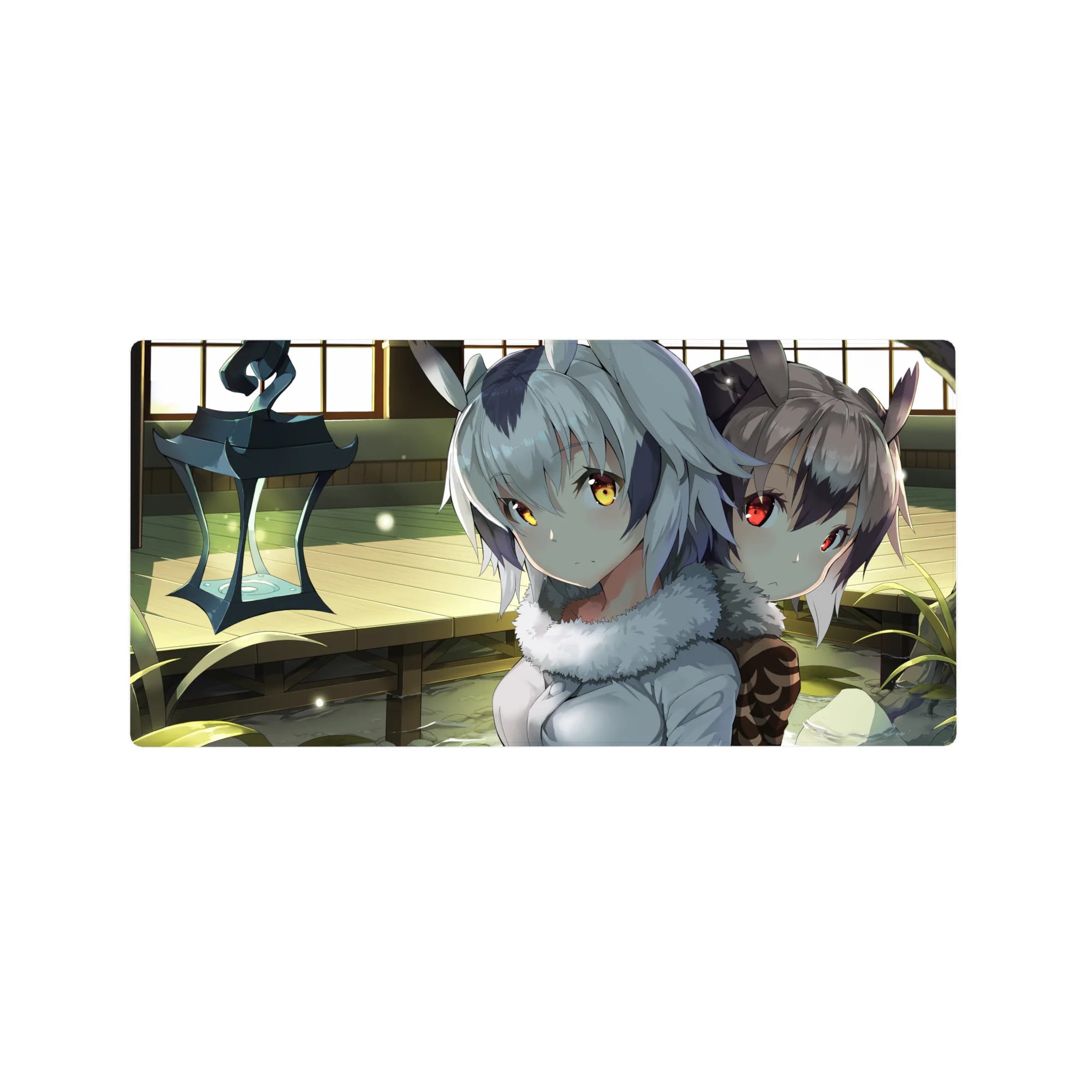32x16 inches anime girl mouse pad with two beast-ear girls, fluffy collars, cozy sunlit wooden room.