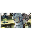32x16 inches anime girl mouse pad with two beast-ear girls, fluffy collars, cozy sunlit wooden room.