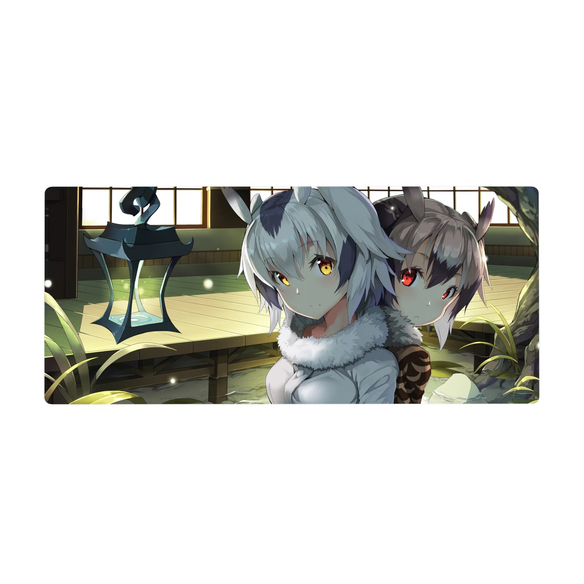 36x16 inches anime girl desk pad with two beast-ear girls, fluffy collars, and a cozy wooden room scene.