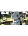 36x16 inches anime girl desk pad with two beast-ear girls, fluffy collars, and a cozy wooden room scene.
