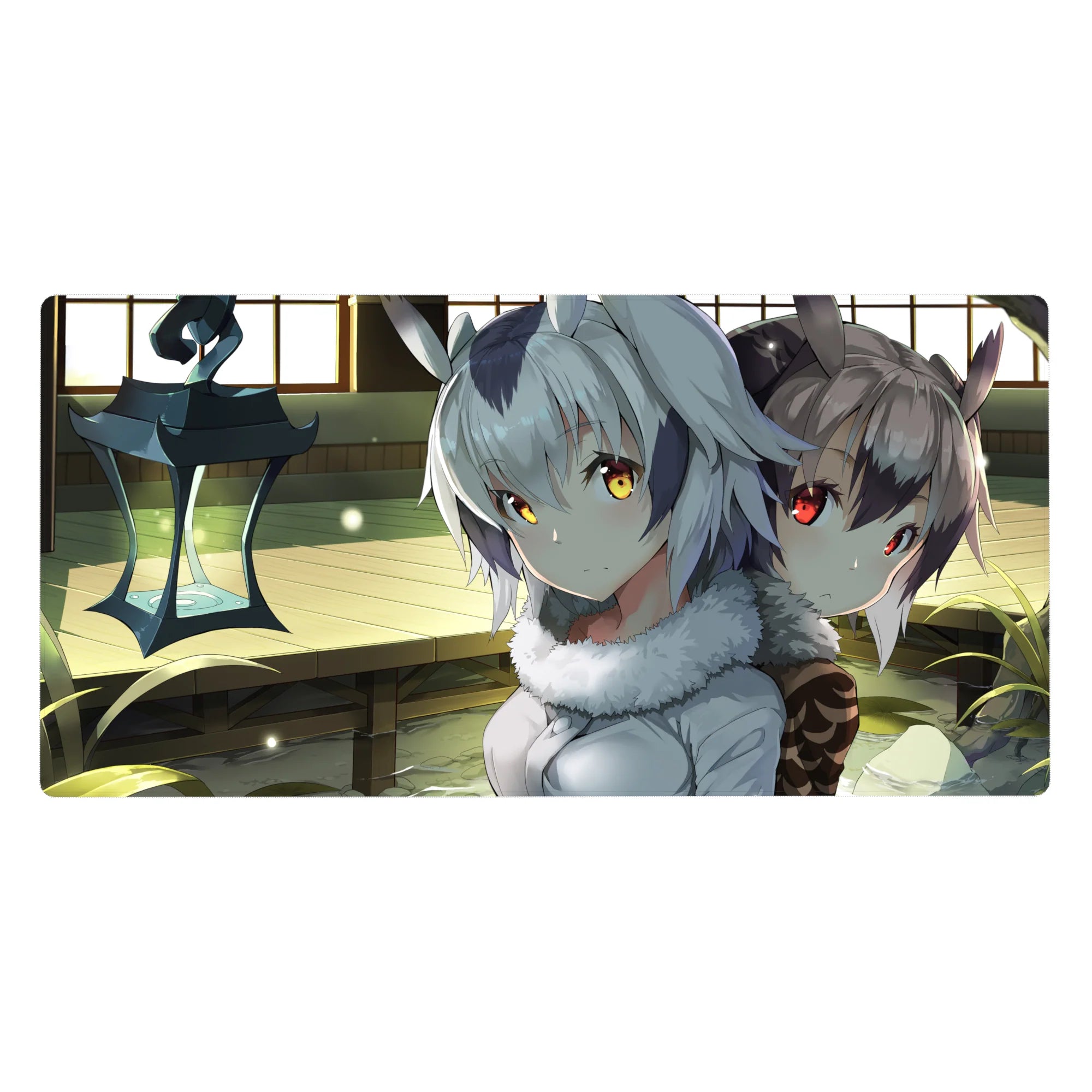 Anime girl desk pad 40x20 inches with two beast-ear girls, fluffy collars, cozy sunlit wooden room art.