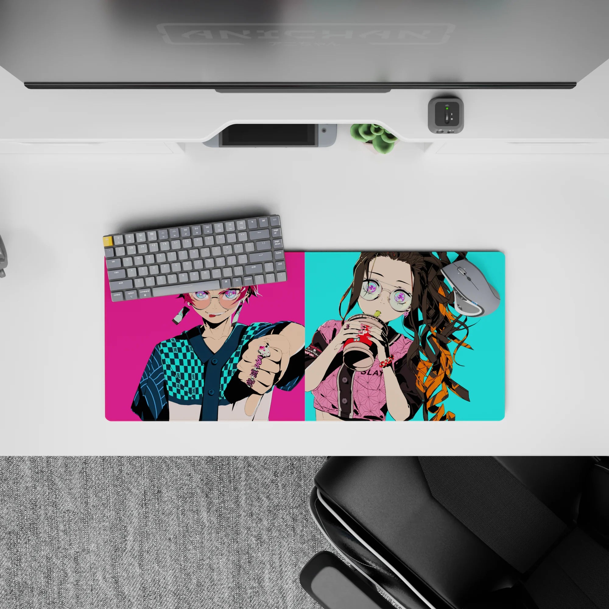 Anime mouse pad 28x12 inches featuring Tanjiro in turquoise checker fit and Nezuko with bubble tea, vibrant urban style.