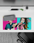 Anime mouse pad 28x12 inches featuring Tanjiro in turquoise checker fit and Nezuko with bubble tea, vibrant urban style.