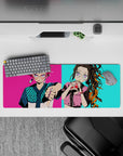 Anime mouse pad 32x12 inches featuring Tanjiro in turquoise checker fit and Nezuko with bubble tea, neon streetwear style.