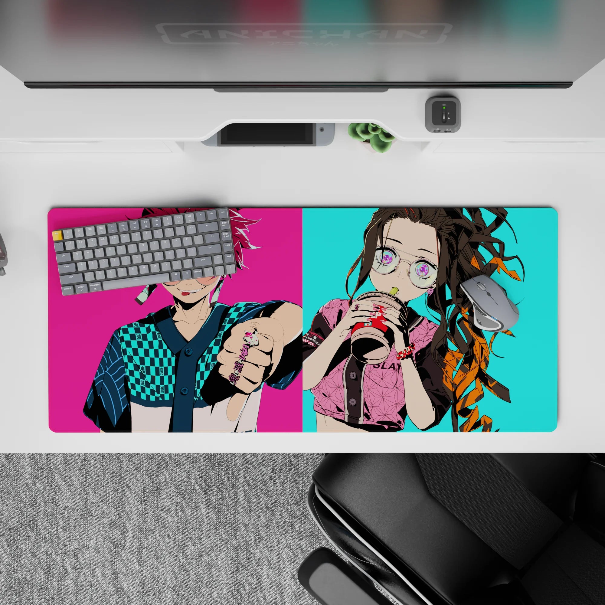 Desk pad 36x16 inches featuring Tanjiro and Nezuko from anime in streetwear with neon colors and urban flair.