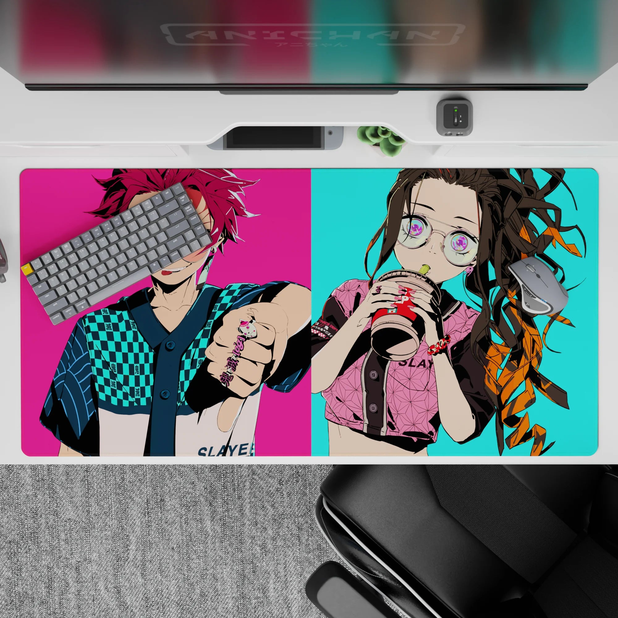 Anime desk pad 40x20 inches featuring Tanjiro in turquoise checkers and Nezuko with bubble tea on vibrant neon background.
