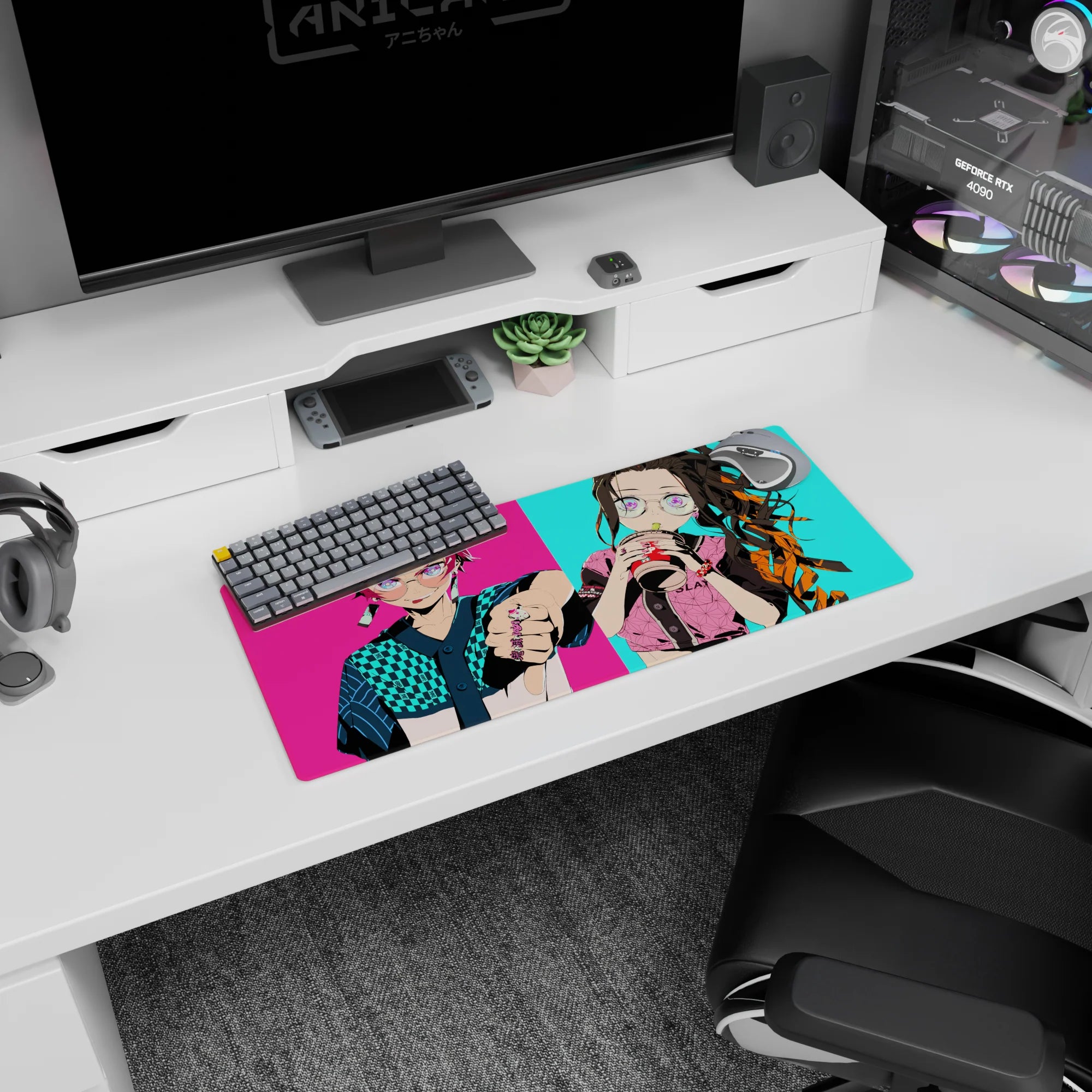 Anime mouse pad 28x12 inches featuring Tanjiro and Nezuko in streetwear, neon vibes, and electric colors.