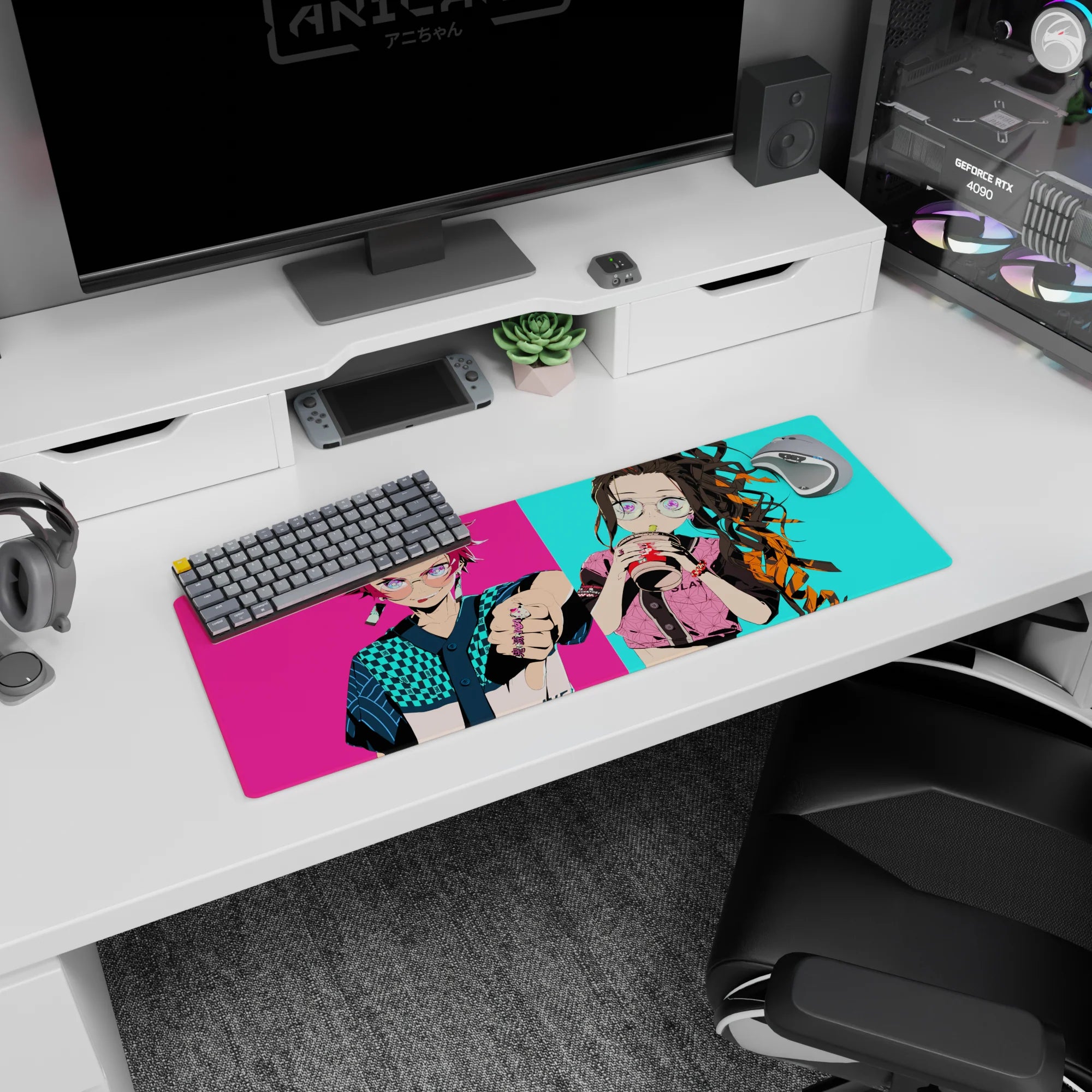 Anime mouse pad 32x12 inches featuring Tanjiro in turquoise checkers and Nezuko sipping bubble tea with neon urban flair.