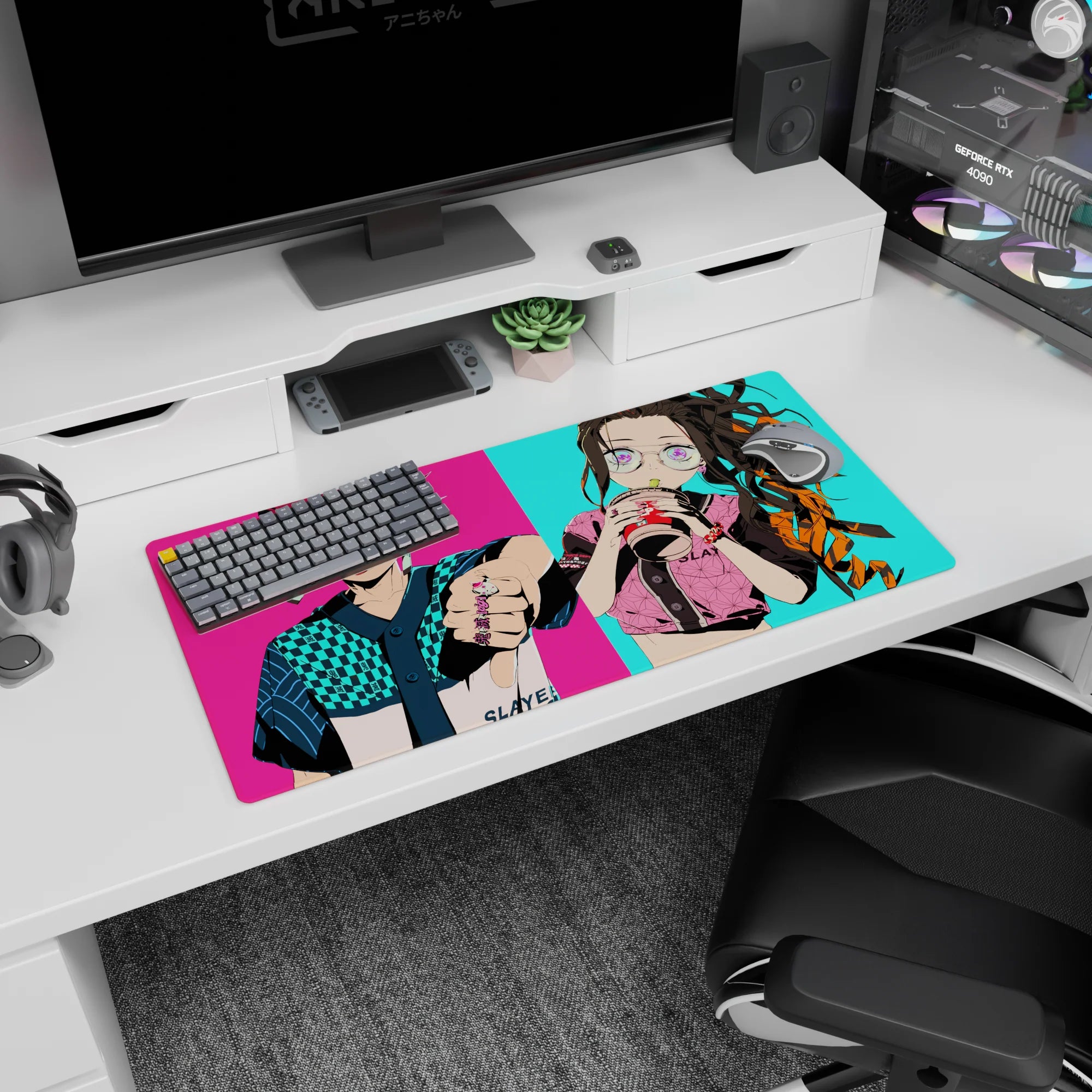 Anime mouse pad 32x16 inches featuring Tanjiro in turquoise checker fit, Nezuko sipping bubble tea on vibrant background.