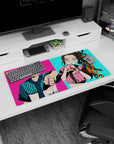 Anime mouse pad 32x16 inches featuring Tanjiro in turquoise checker fit, Nezuko sipping bubble tea on vibrant background.