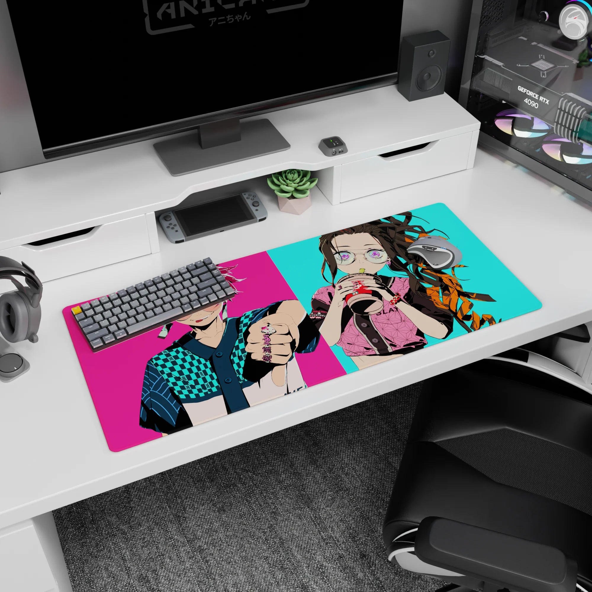 Anime desk pad 36x16 inches featuring Tanjiro in turquoise checkers and Nezuko with bubble tea on vibrant background.