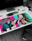 Anime desk pad 40x20 inches featuring Tanjiro and Nezuko in streetwear, vibrant colors, and urban flair.