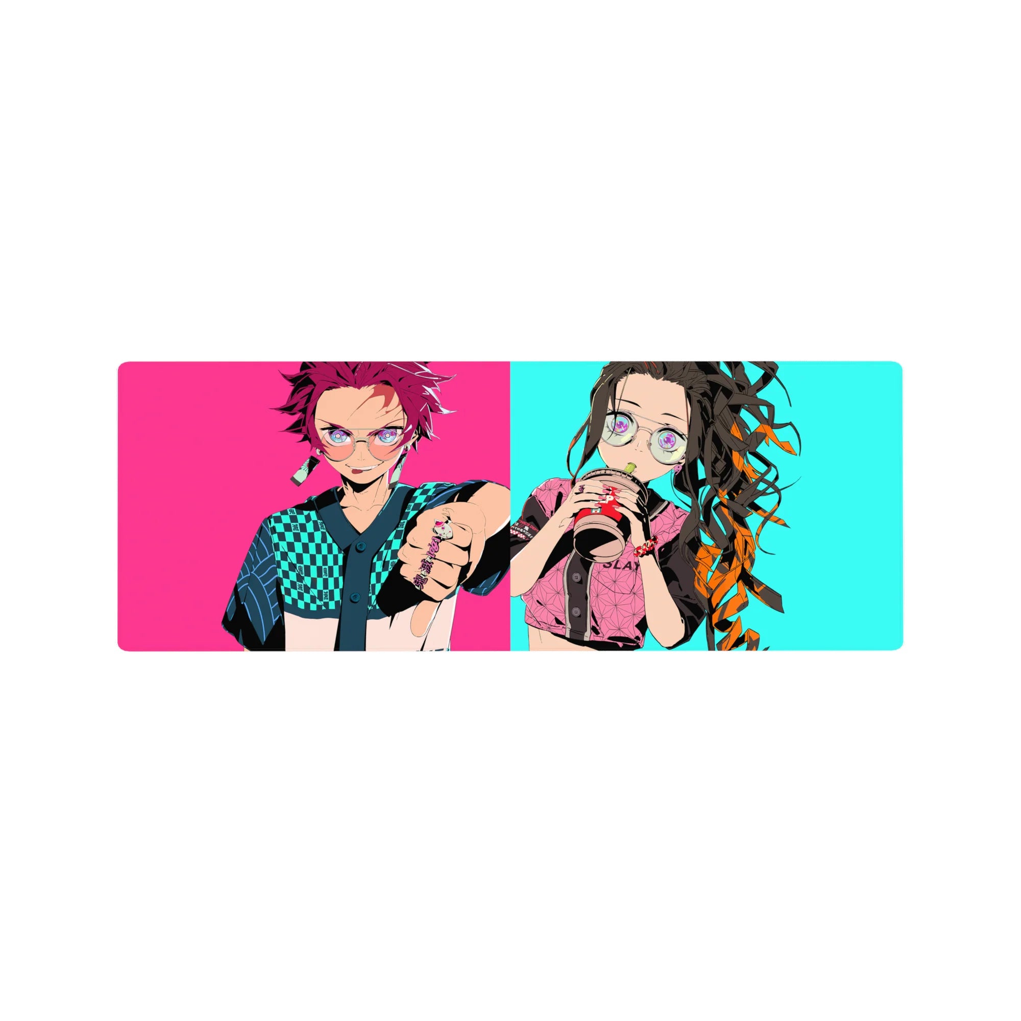 Anime mouse pad 32x12 inches featuring Tanjiro in turquoise checkers and Nezuko with bubble tea, vibrant streetwear style.