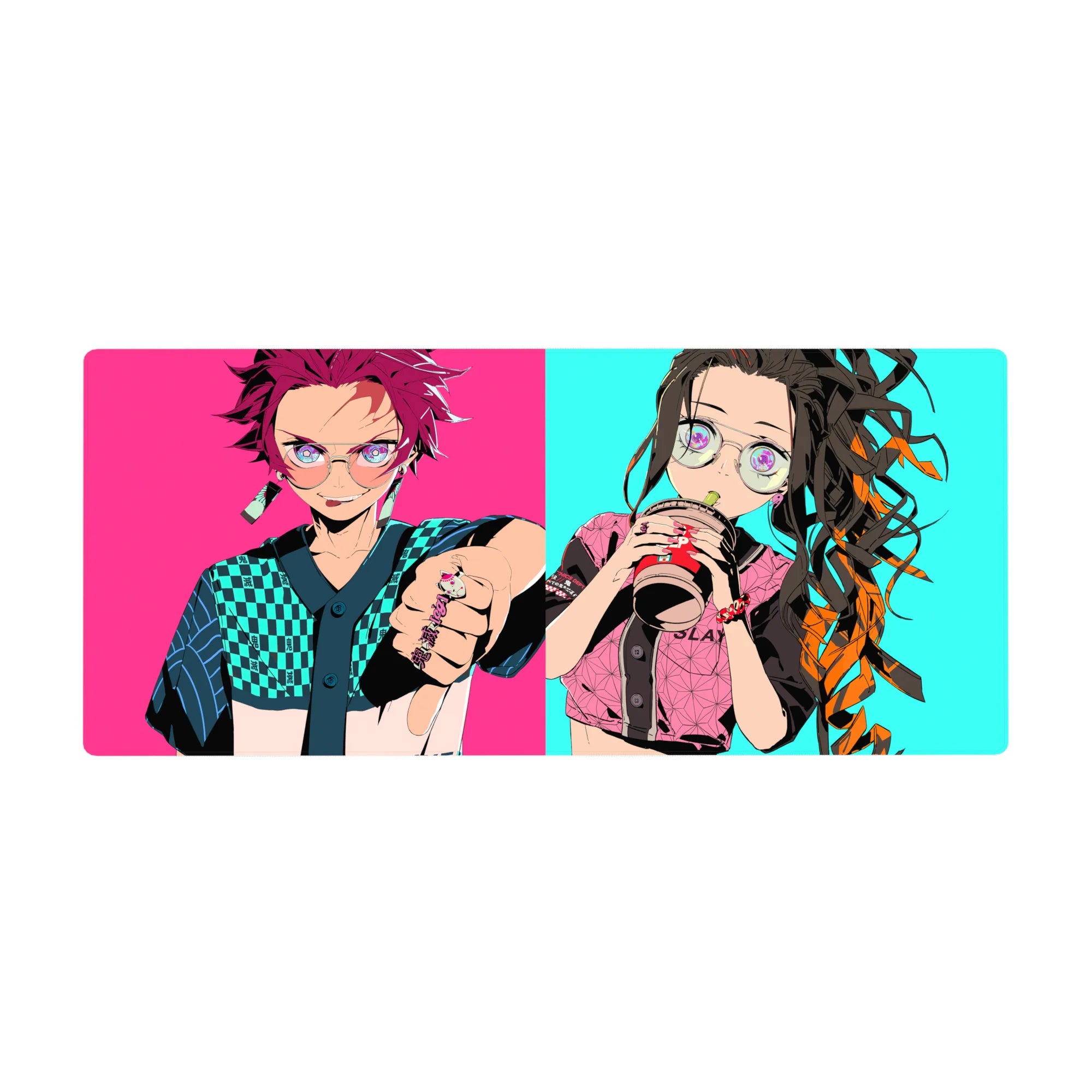 Anime desk pad 36x16 inches featuring Tanjiro in turquoise checks and Nezuko with bubble tea on vibrant urban backdrop.
