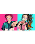 Anime desk pad 36x16 inches featuring Tanjiro in turquoise checks and Nezuko with bubble tea on vibrant urban backdrop.