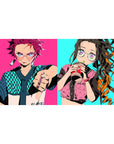 Anime mouse pad 40x20 inches featuring Tanjiro in turquoise checker outfit and Nezuko sipping bubble tea on vibrant hues.