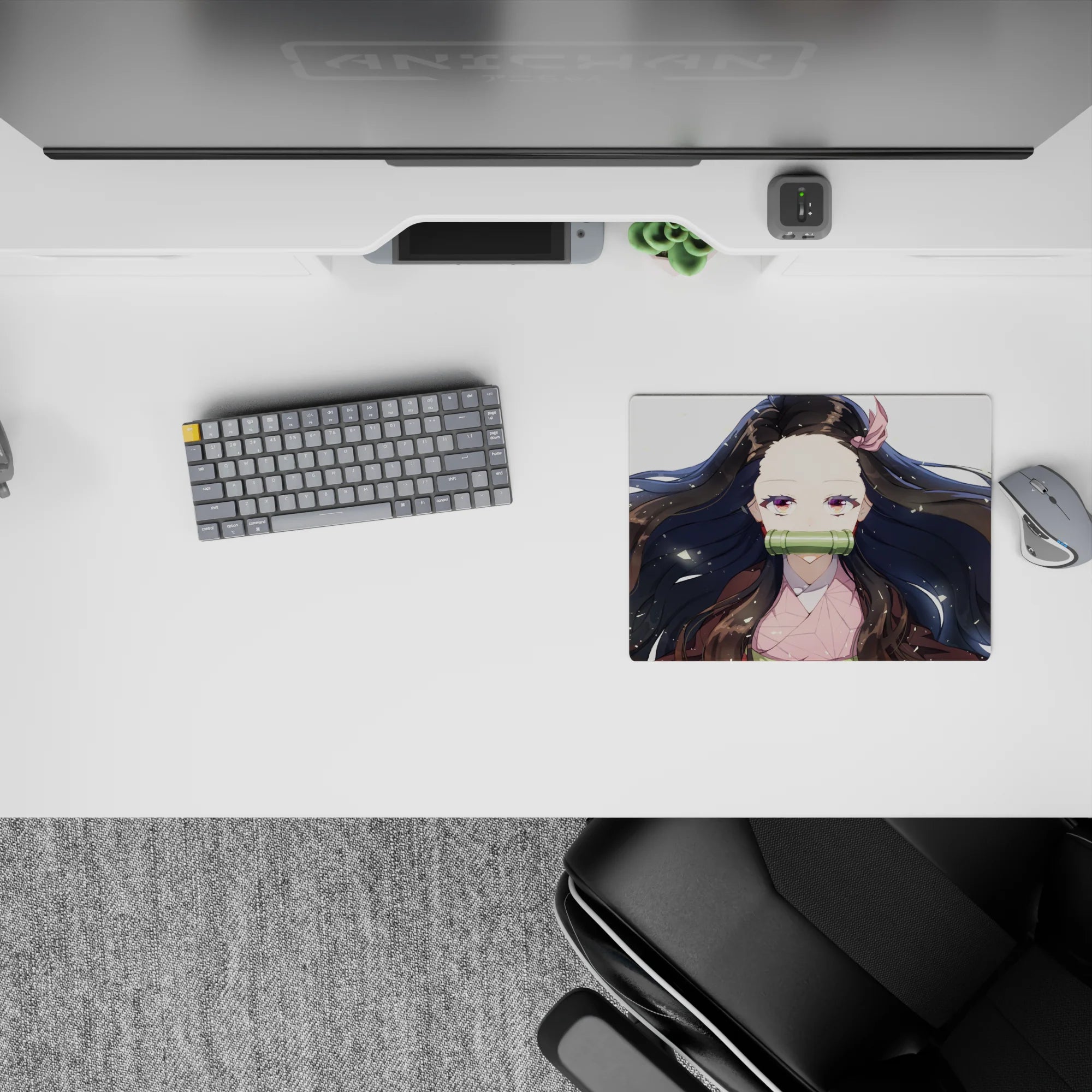 Nezuko anime mouse pad, 14x10 inches, features her serene gaze and flowing black hair with red tips on a white background.
