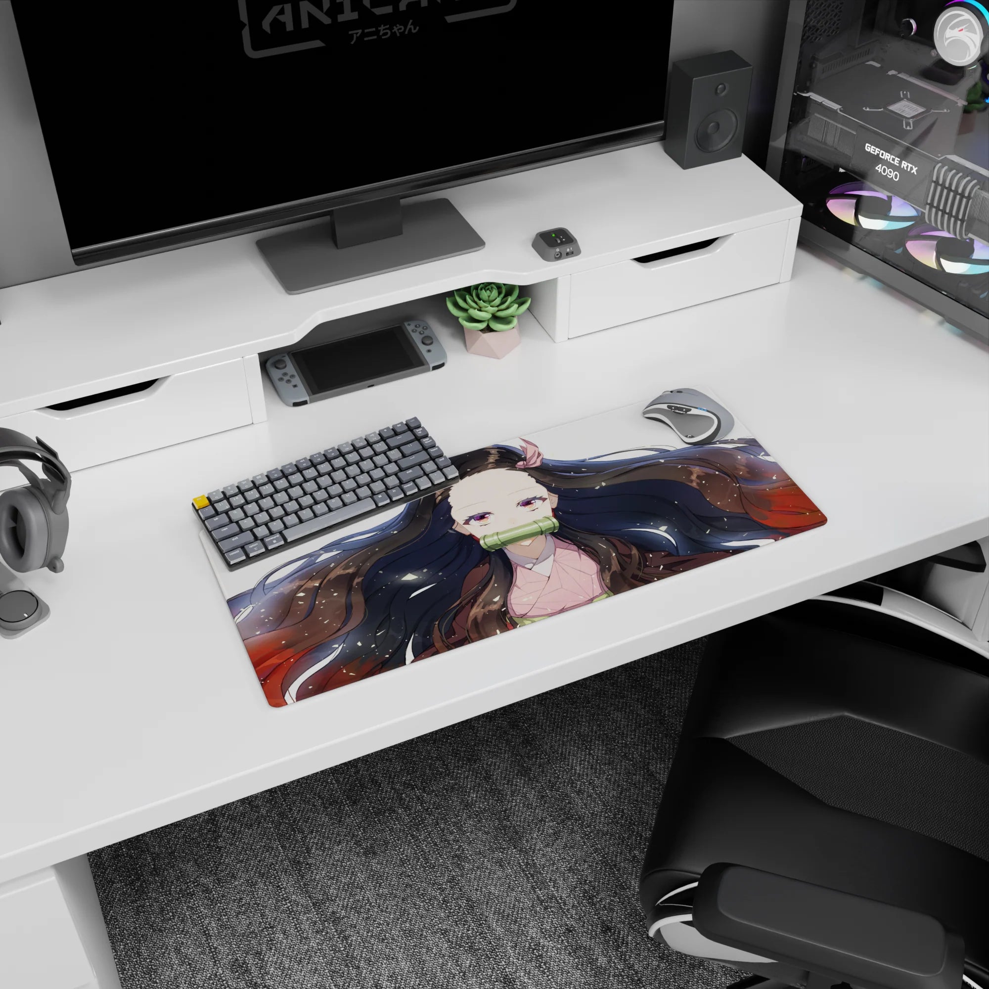 Nezuko anime mouse pad 28x12 inches featuring her serene gaze, flowing black hair with red tips, and gold flecks on white.