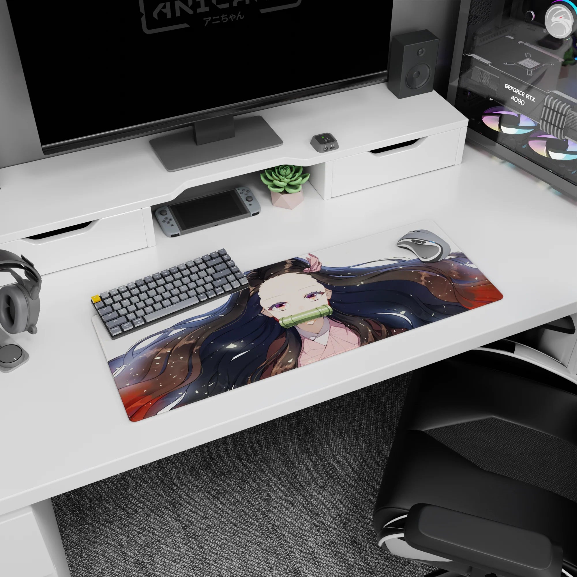 Anime mouse pad featuring Nezuko from Demon Slayer, 32x12 inches, with her flowing black hair and subtle red highlights.