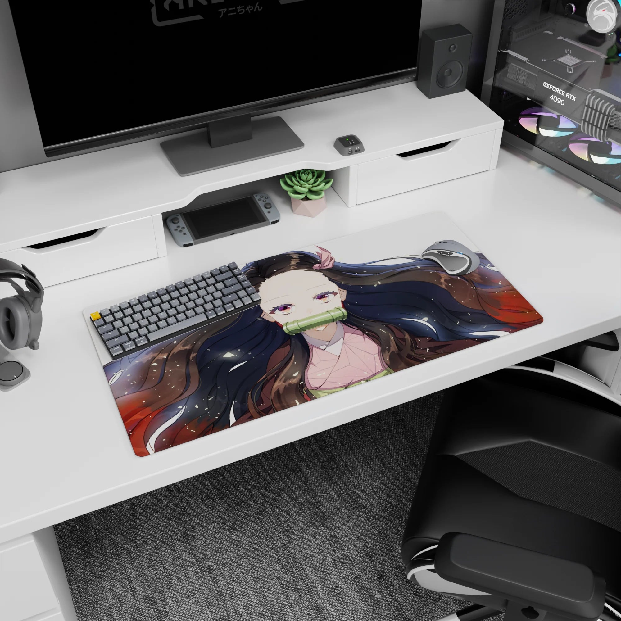 Nezuko anime mouse pad 32x16 inches with her serene gaze, black hair with red tips, on a gold-flecked white background.