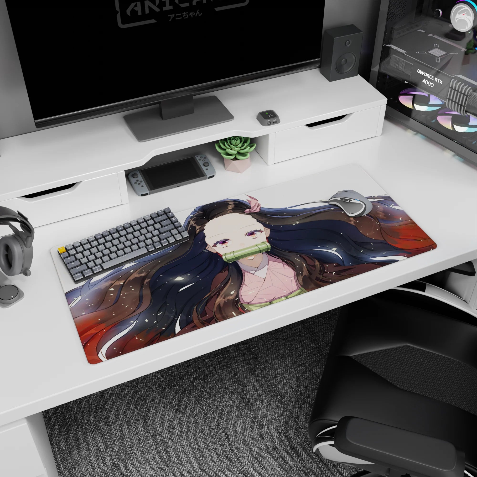 Nezuko anime mouse pad 36x16 inches; features Nezuko's serene gaze, flowing black hair, and shimmering gold flecks.
