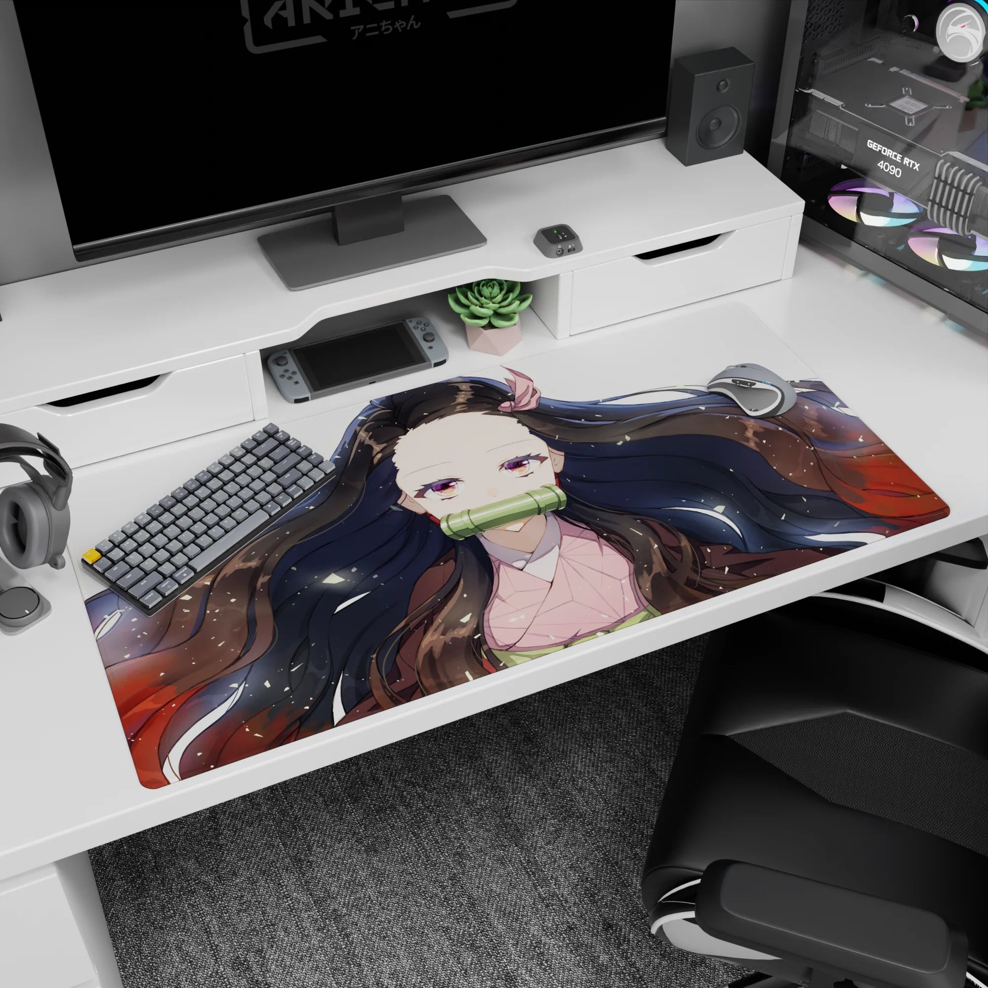 Nezuko anime desk pad 40x20 inches with serene gaze, black hair with red tips, on white with gold flecks.