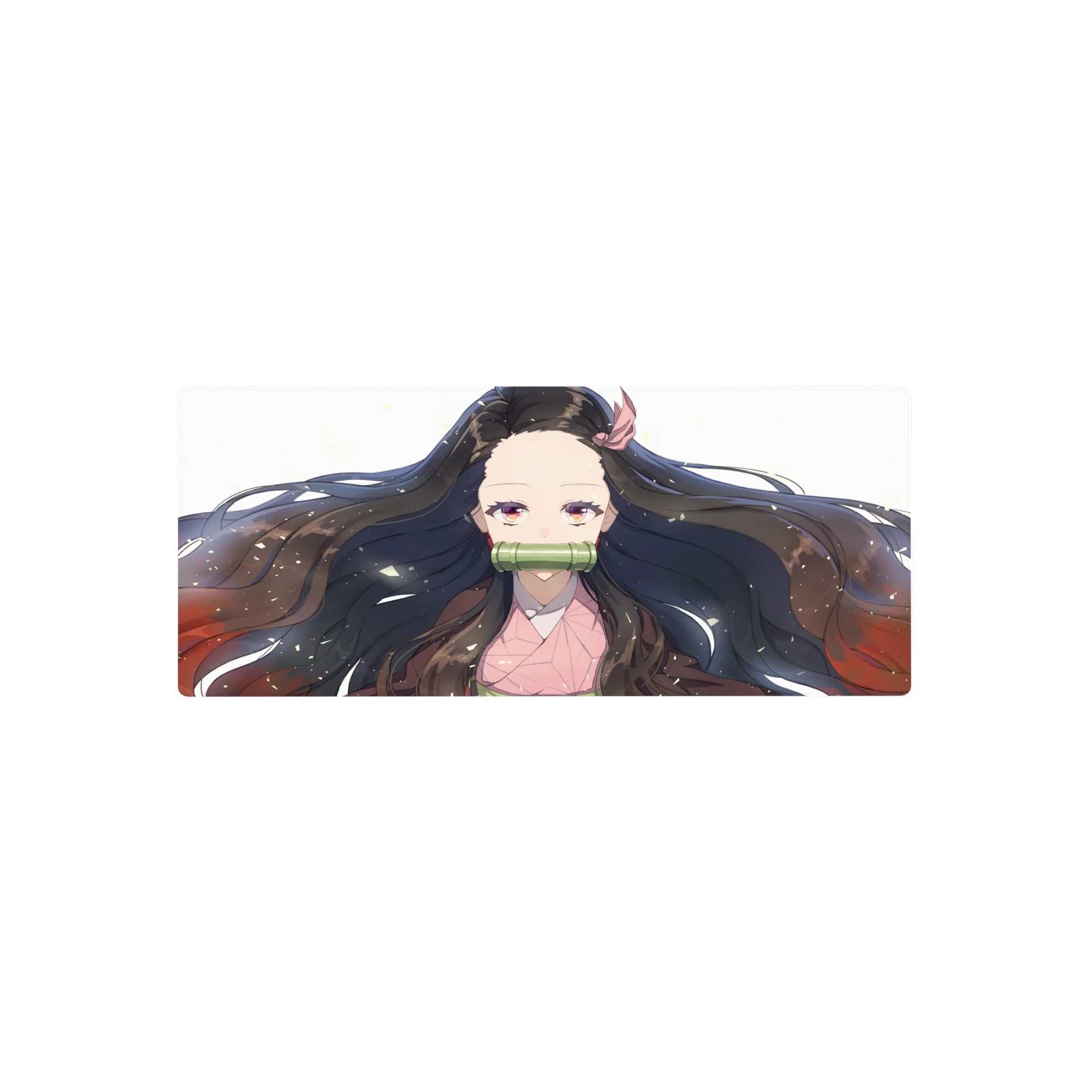 Nezuko anime mouse pad 28x12 inches featuring her serene gaze, black hair with red tips, and gold flecks on white background.