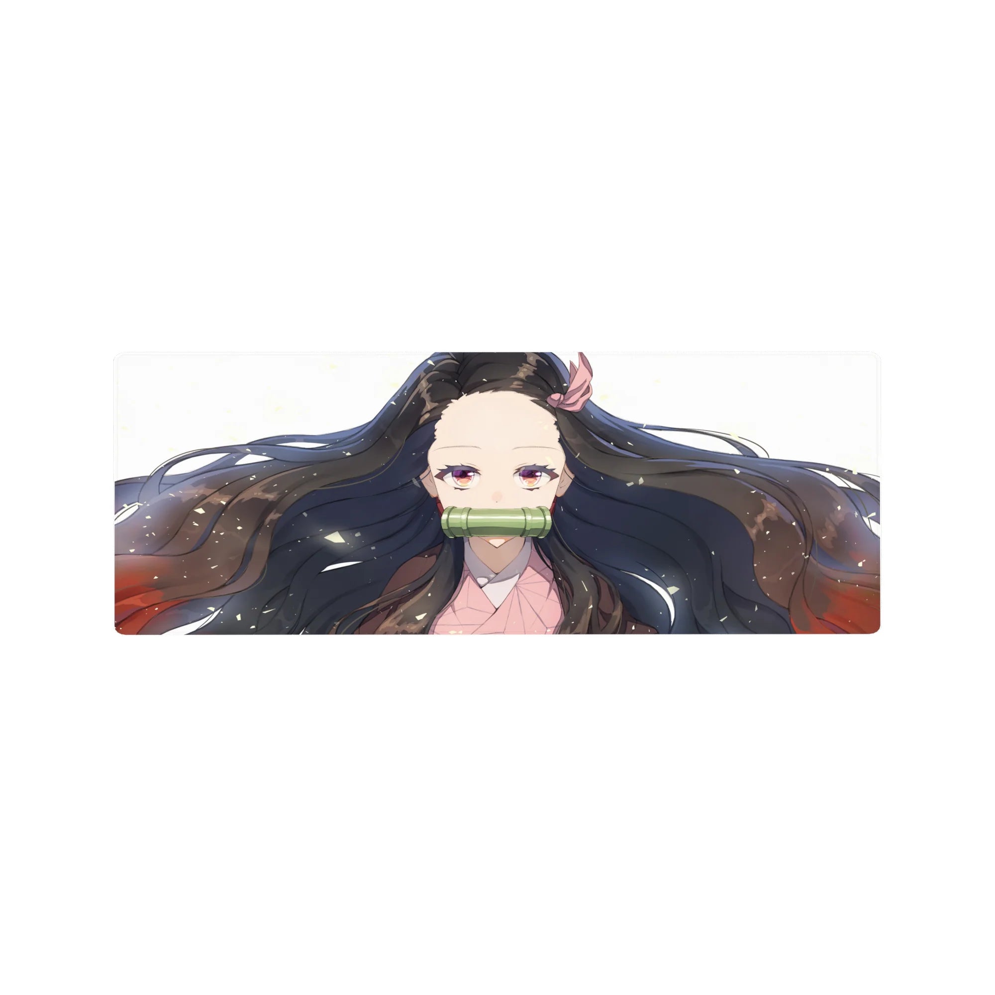 Anime mouse pad featuring Nezuko from Demon Slayer, 32x12 inches, with her serene gaze and flowing black hair with red tips.