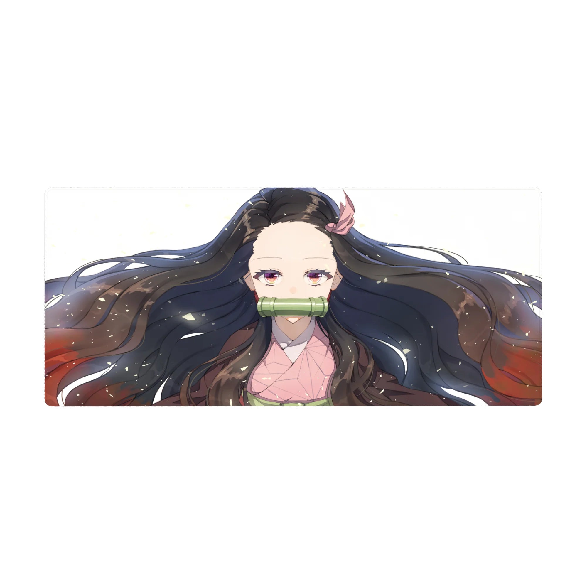 Nezuko anime desk pad 36x16 inches, featuring her serene gaze with flowing black hair and red hints on a white background.