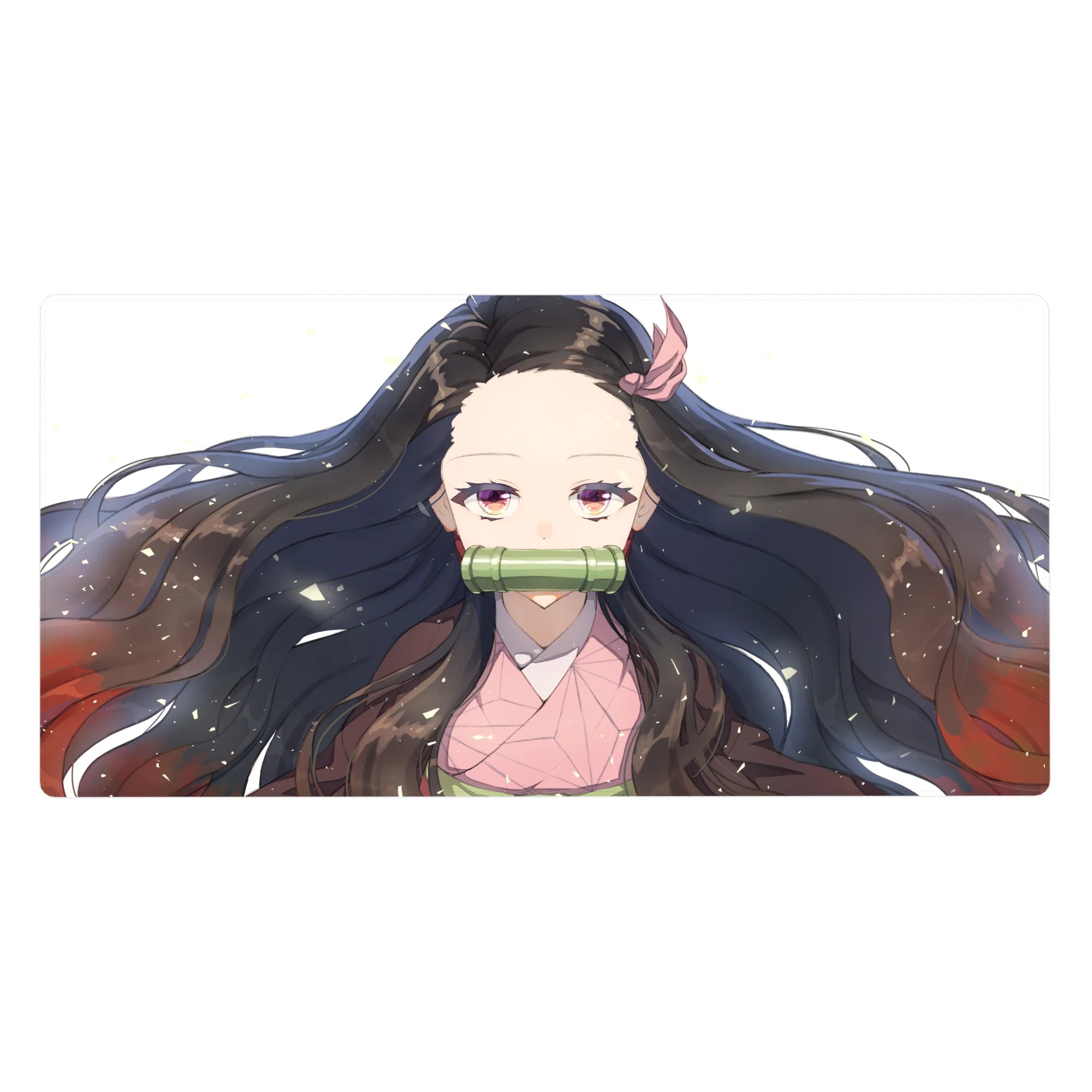 Nezuko anime desk pad 40x20 inches, featuring her serene gaze, flowing black hair with red hints, on a white background.