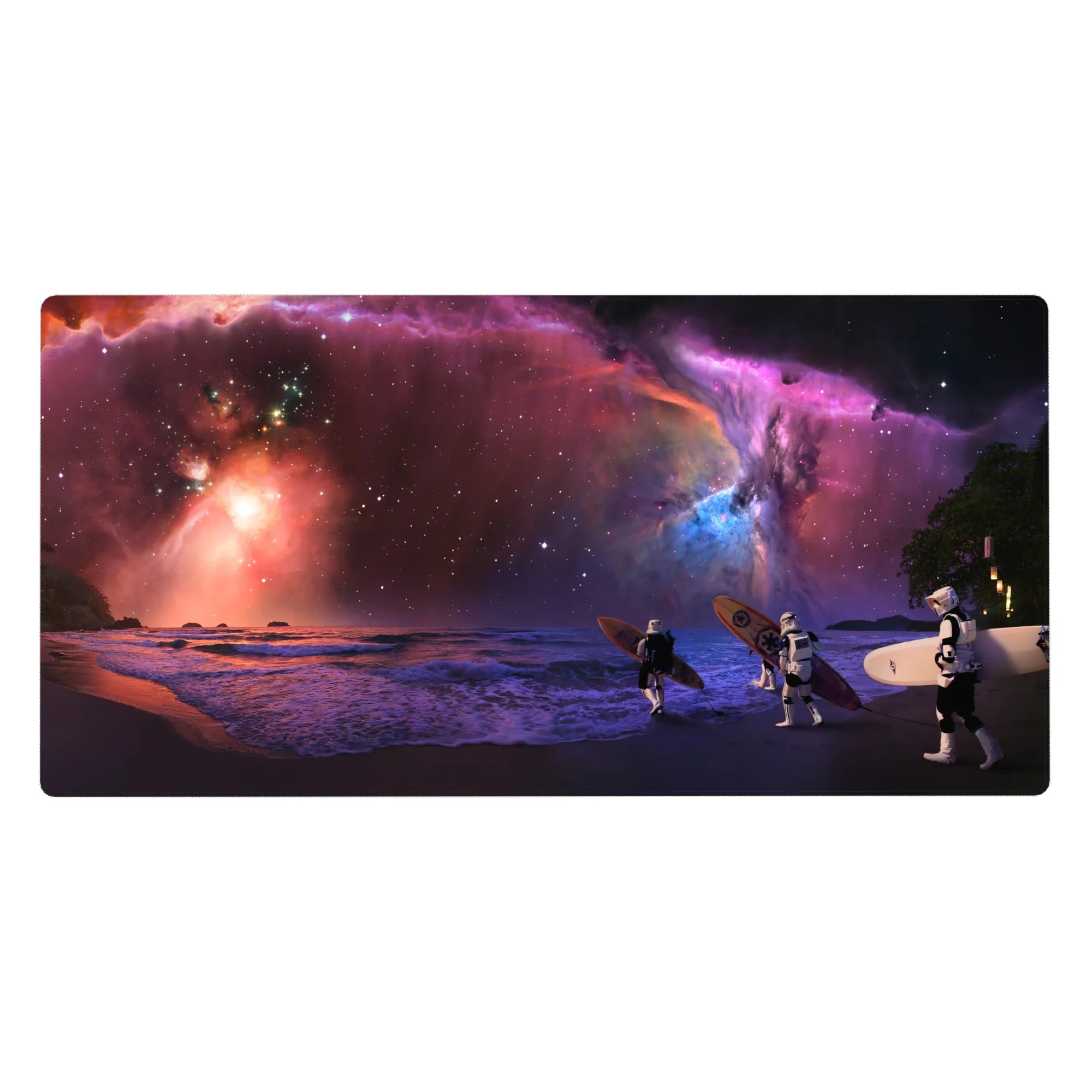 Galaxy beach night desk pad 40x20 inches with purple nebula sky, blue sparks, and pink horizon glow.