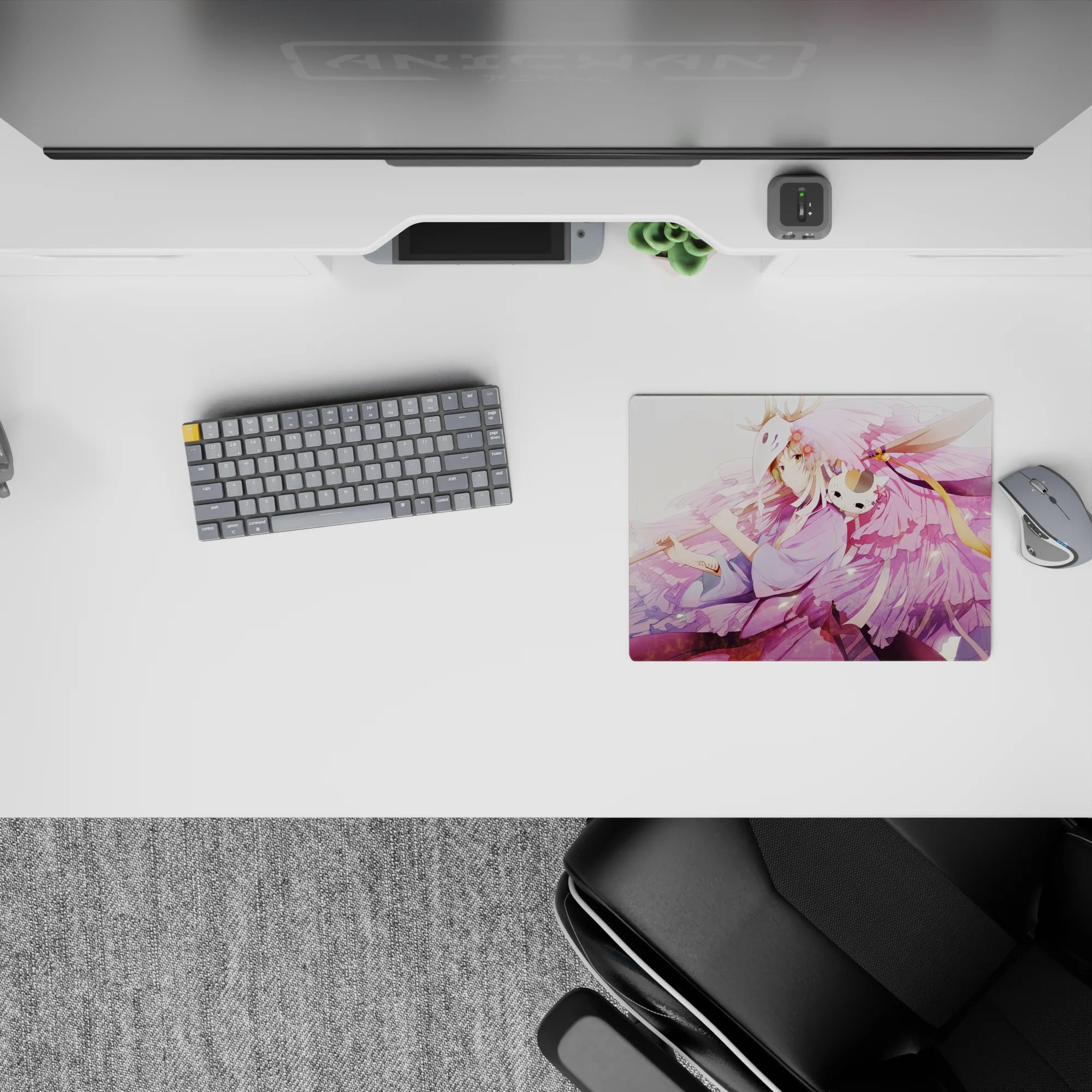 Pastel lavender and blush anime mouse pad 14x10 inches, calm dreamy vibe with soft petals.