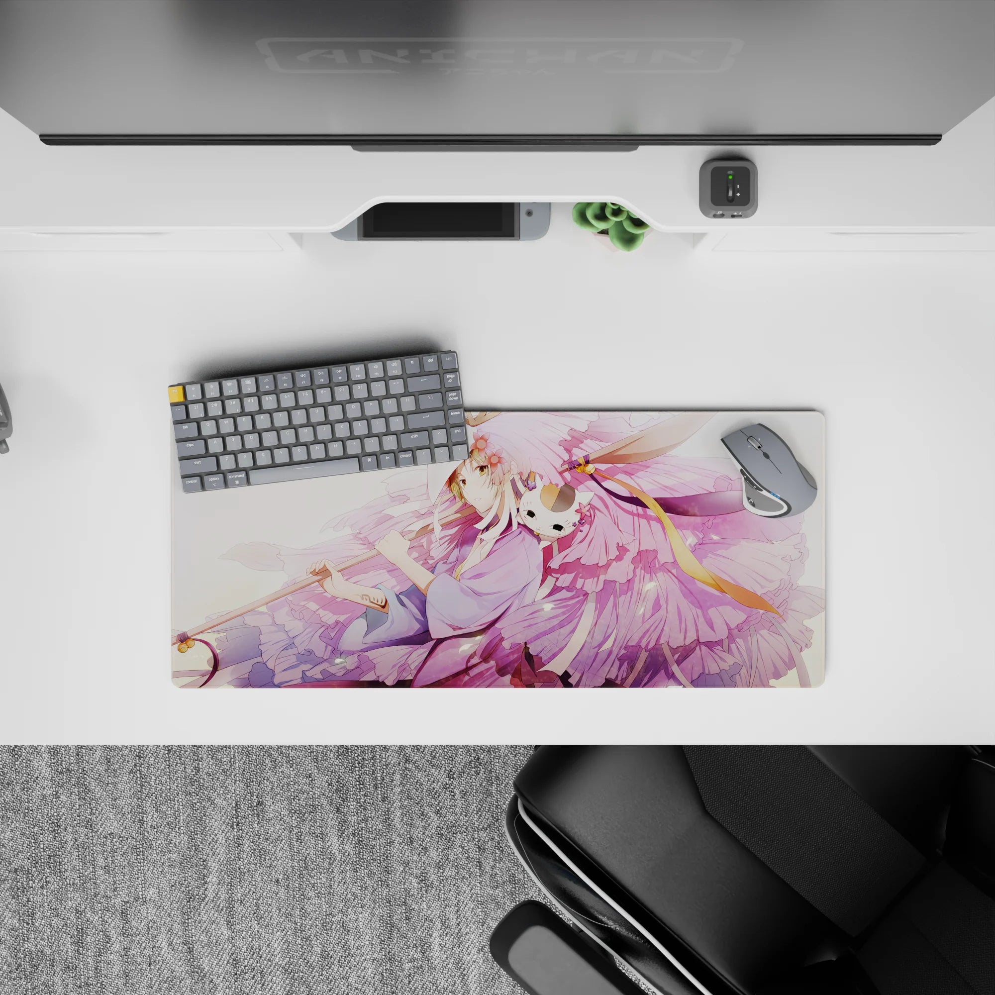 28x12 inches anime mouse pad in soft lavender and blush pink, calm dreamy aesthetic with gentle pattern.