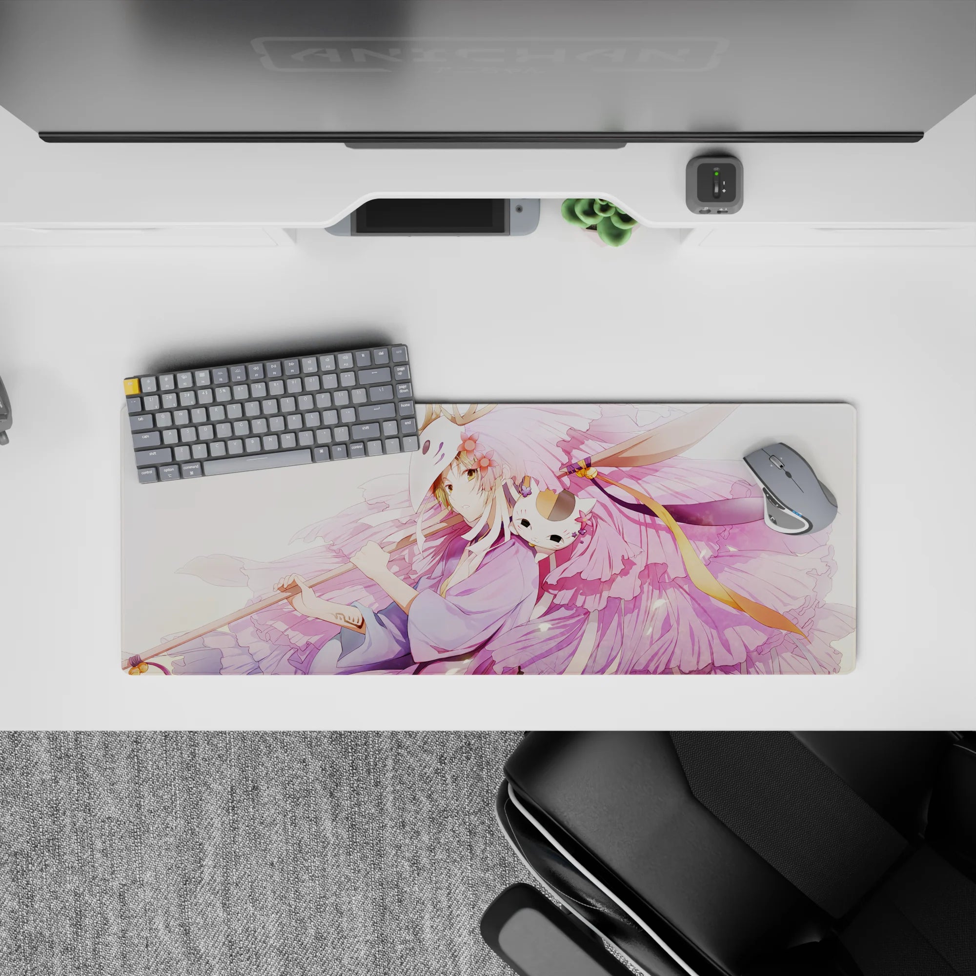32x12 inches pastel lavender and blush pink anime mouse pad, calm dreamy aesthetic with soft petals.