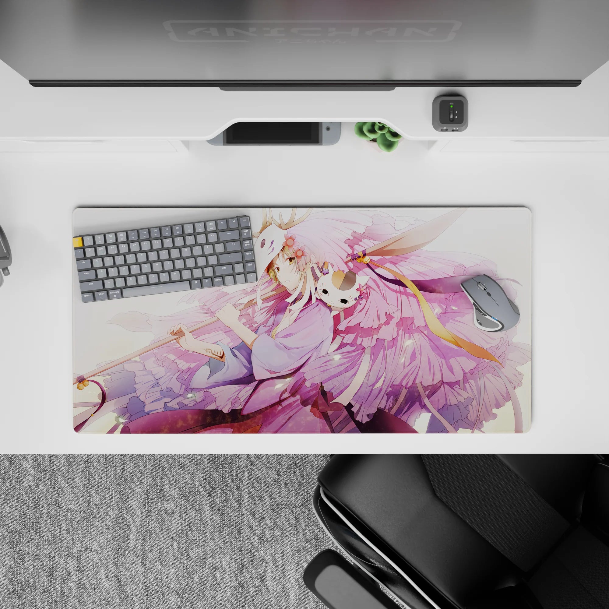 32x16 inches pastel desk mouse pad in lavender and blush pink, calm dreamy anime art with soft petals.