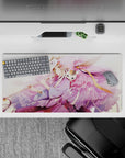 32x16 inches pastel desk mouse pad in lavender and blush pink, calm dreamy anime art with soft petals.