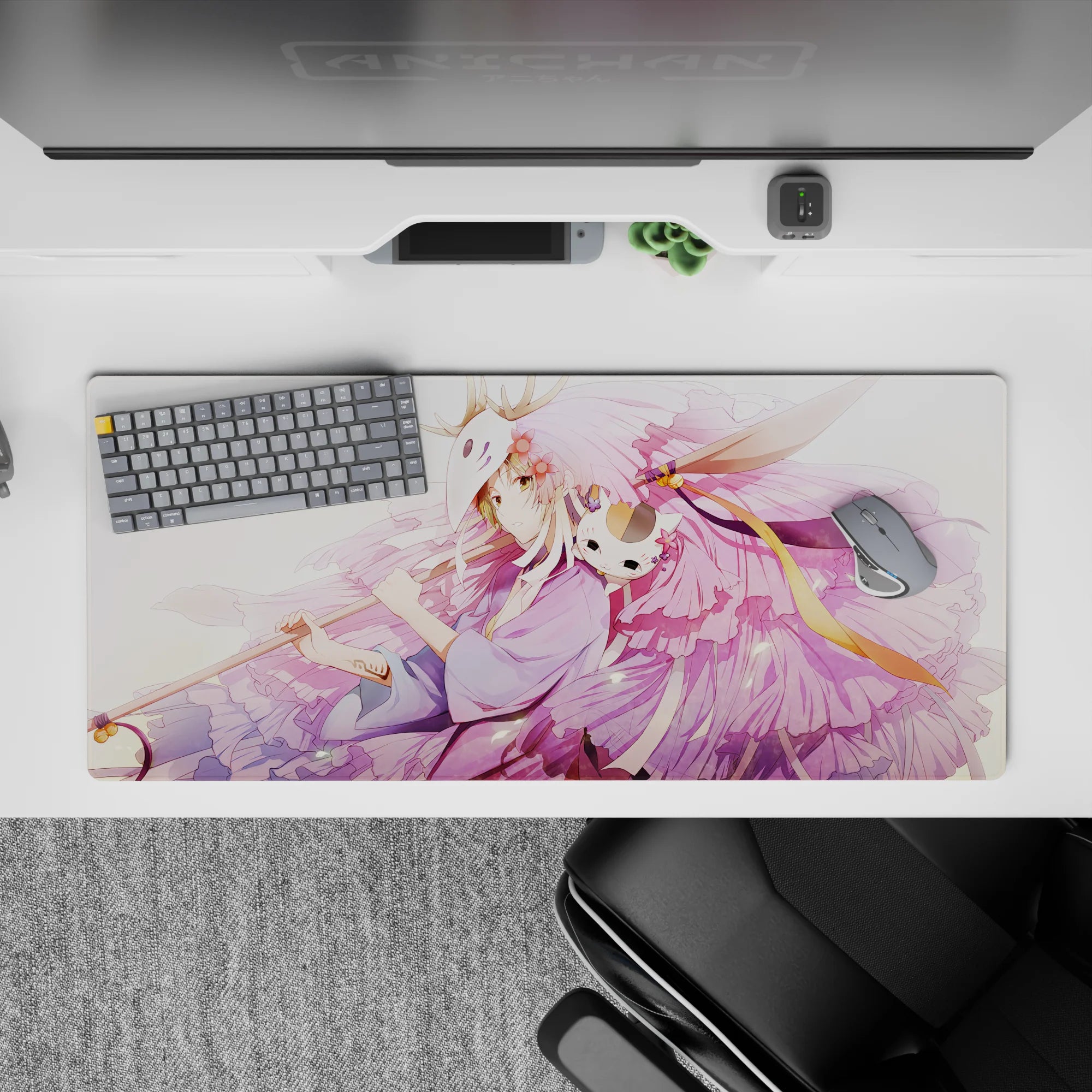 Calm lavender and blush pink anime desk pad 36x16 inches with dreamy wings and gentle petals.