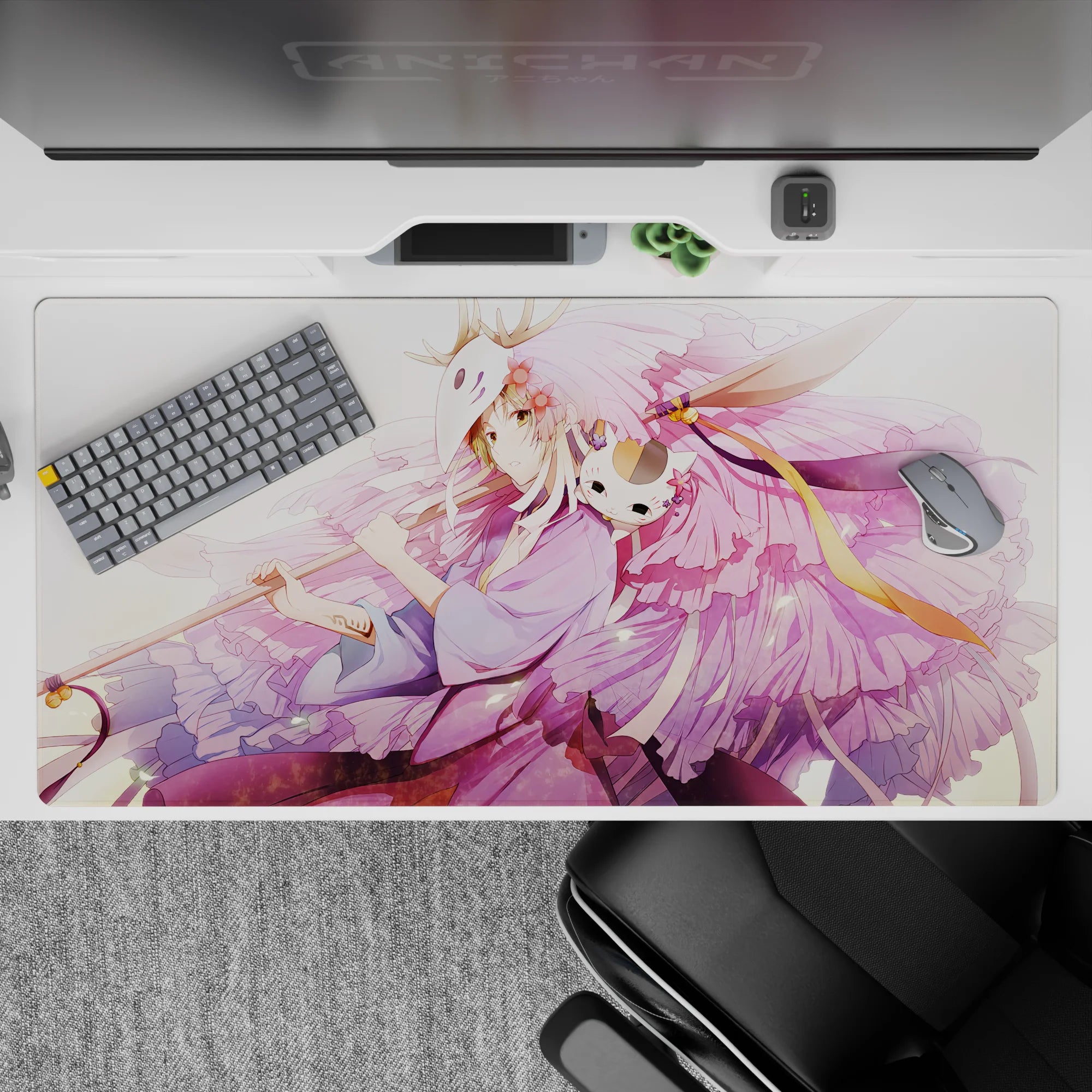 Pastel lavender and blush pink anime desk pad 40x20 inches, calm dreamy vibe with gentle petals.