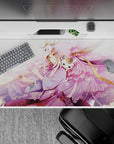 Pastel lavender and blush pink anime desk pad 40x20 inches, calm dreamy vibe with gentle petals.
