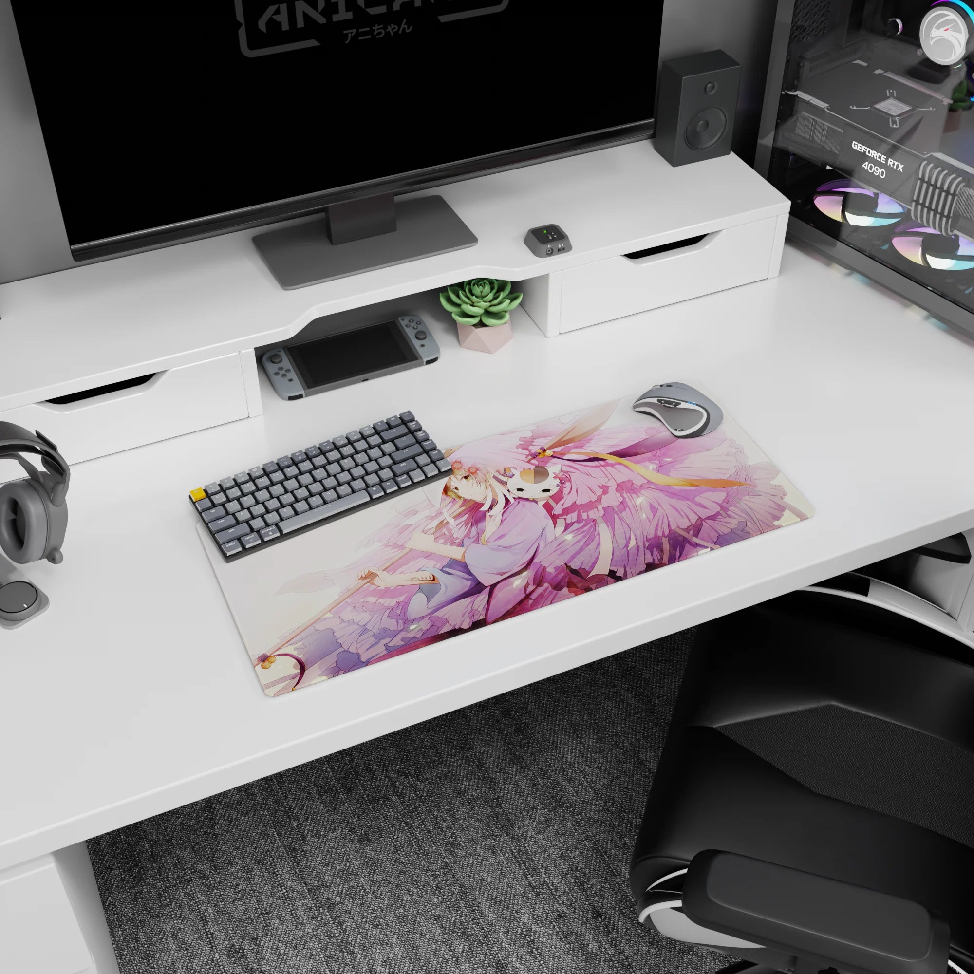 28x12 inches mouse pad showing a serene anime girl in lavender robes with a sleepy cat companion and ribbons.