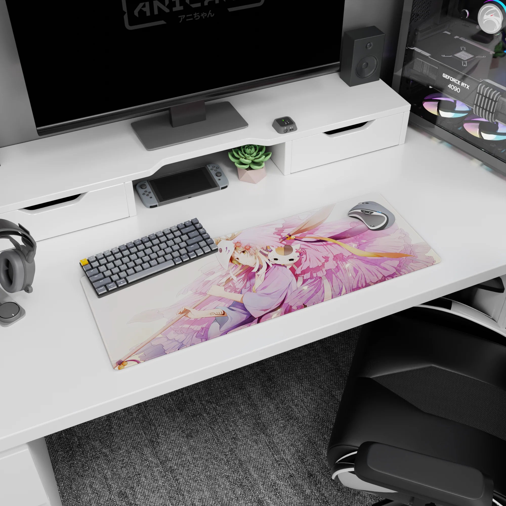 32x12 inches anime girl mouse pad featuring a robed girl with pink wings, fox mask vibe, and sleepy cat.