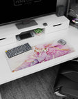 32x12 inches anime girl mouse pad featuring a robed girl with pink wings, fox mask vibe, and sleepy cat.