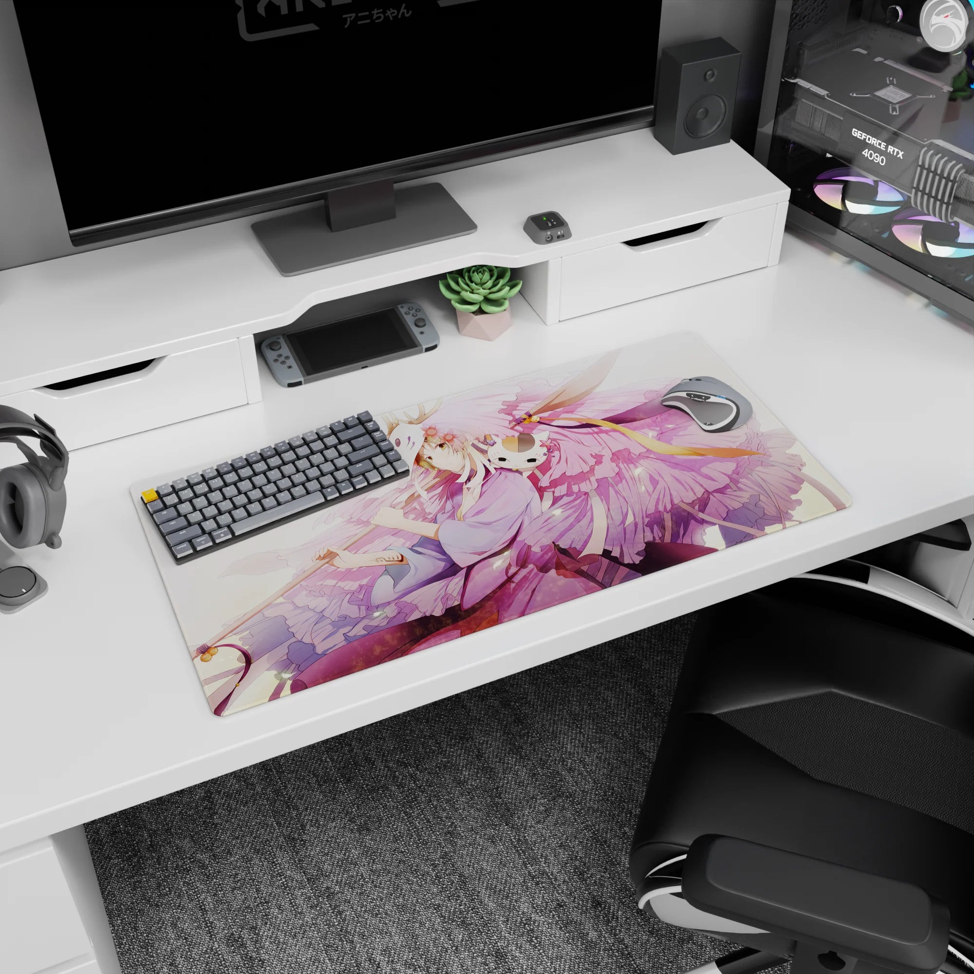 32x16 inches anime mouse pad featuring a fox-masked girl in lavender robes with pink wings beside a sleepy cat.
