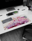 32x16 inches anime mouse pad featuring a fox-masked girl in lavender robes with pink wings beside a sleepy cat.